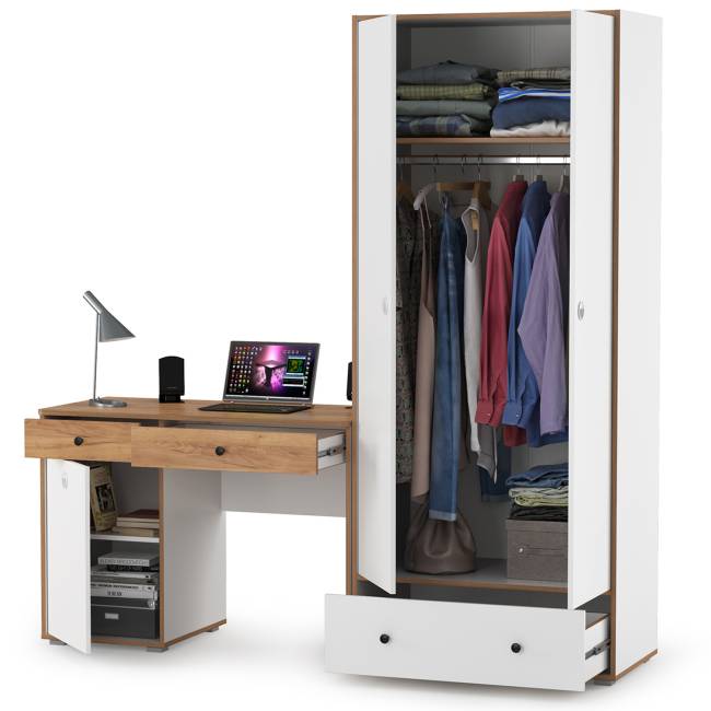 Письменный стол Вуди и платяной шкаф цвет белый премиум/дуб крафт золотой
