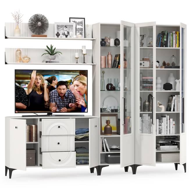 Тумба-комод и шкаф с тремя стеклянными дверками в гостиную Валенсия цвет белый шагрень