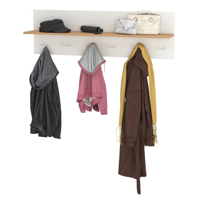 Вешалка с полкой на шесть крючков Октава цвет белый шагрень/дуб крафт золотой Вешалка с полкой на шесть крючков Октава цвет белый шагрень/дуб крафт золотой