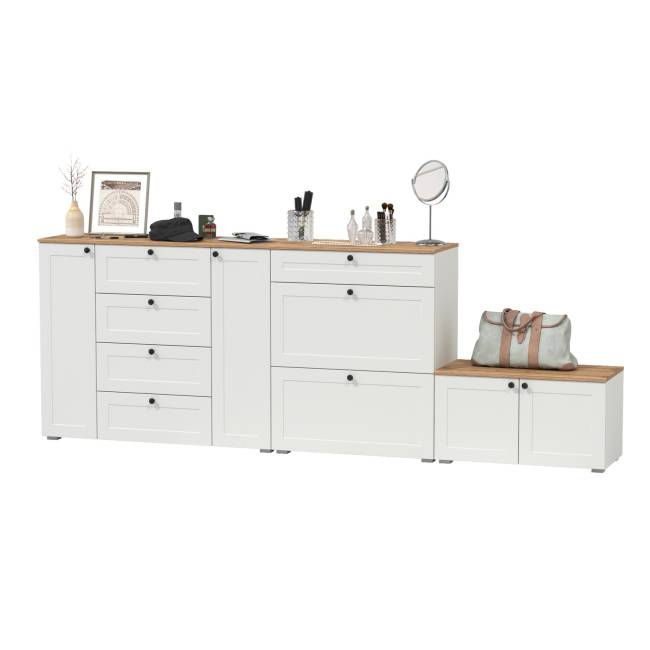 Комод с обувницей и тумбой Остин цвет белый шагрень/дуб крафт золотой