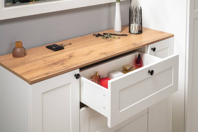 Комод с обувницей и тумбой Остин цвет белый шагрень/дуб крафт золотой