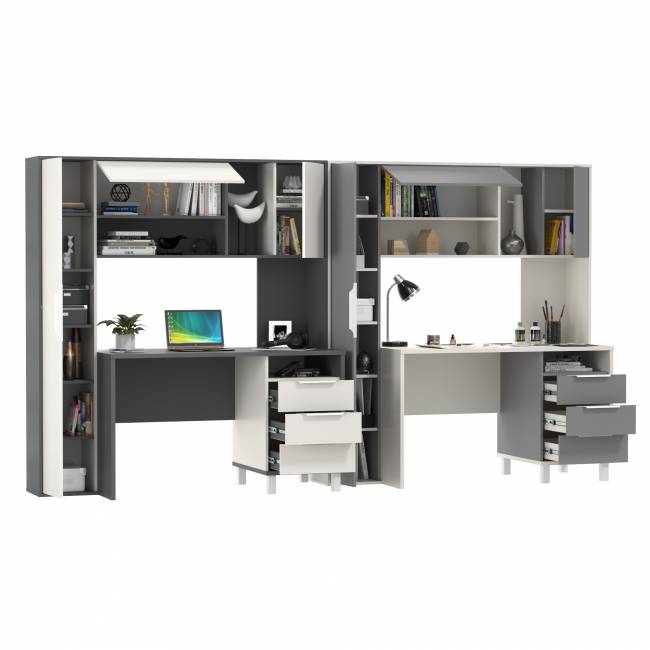 Столы рабочие с полками и пеналом Комфорт 12.95N цвет белый премиум/серый шифер/тёмно-серый/белый премиум