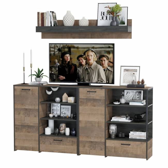 Два комода с дверками и ящиками и навесная полка Трувор цвет дуб гранж песочный/интра Два комода с дверками и ящиками и навесная полка Трувор цвет дуб гранж песочный/интра