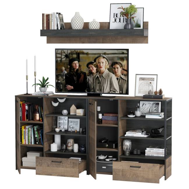 Два комода с дверками и ящиками и навесная полка Трувор цвет дуб гранж песочный/интра Два комода с дверками и ящиками и навесная полка Трувор цвет дуб гранж песочный/интра