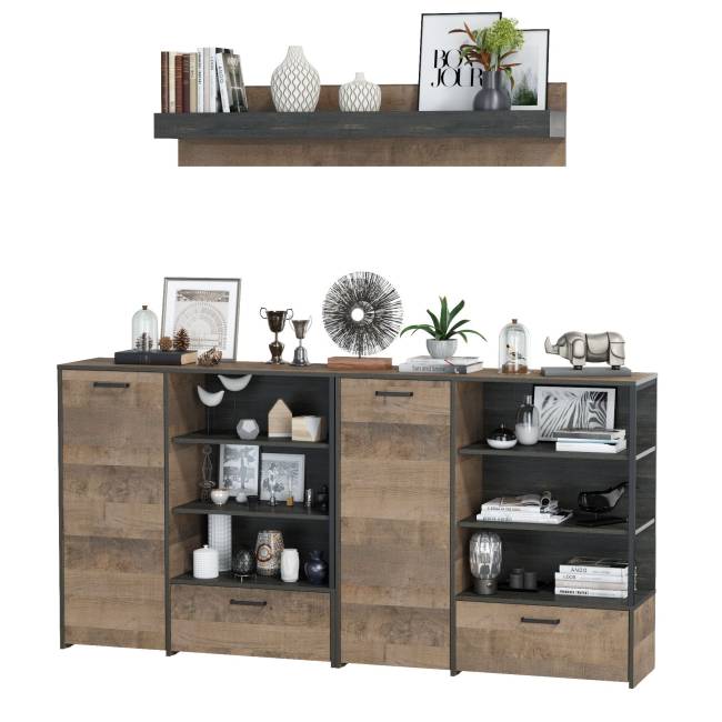 Два комода с дверками и ящиками и навесная полка Трувор цвет дуб гранж песочный/интра Два комода с дверками и ящиками и навесная полка Трувор цвет дуб гранж песочный/интра