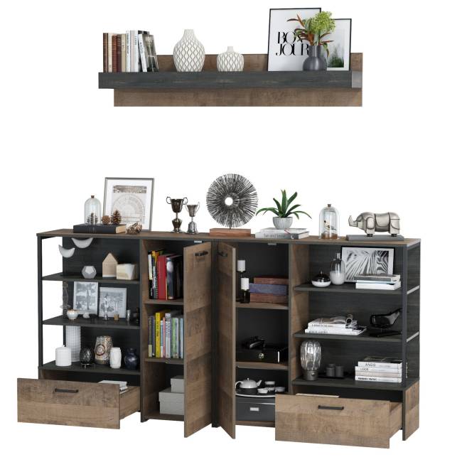 Два комода с дверками и ящиками и навесная полка Трувор цвет дуб гранж песочный/интра Два комода с дверками и ящиками и навесная полка Трувор цвет дуб гранж песочный/интра