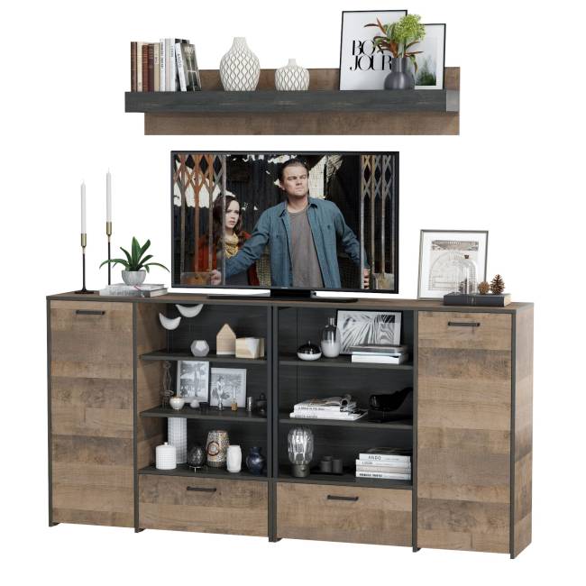 Два комода с дверками и ящиками и навесная полка Трувор цвет дуб гранж песочный/интра Два комода с дверками и ящиками и навесная полка Трувор цвет дуб гранж песочный/интра