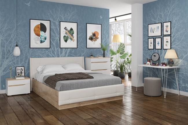 Кровать Муссон с подъёмным основанием и тумбой 16.03 цвет белый/дуб эндгрейн элегантный/кожзам белый