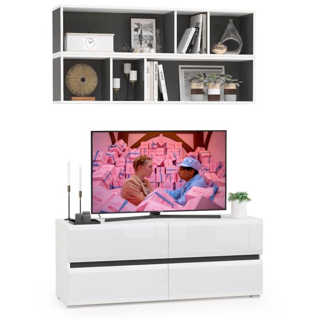 Тумба для ТВ с двумя полками Сидней цвет белый/чёрный/фасады МДФ белый глянец Тумба для ТВ с двумя полками Сидней цвет белый/чёрный/фасады МДФ белый глянец
