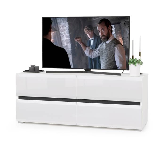 Тумба для ТВ с двумя полками Сидней цвет белый/чёрный/фасады МДФ белый глянец Тумба для ТВ с двумя полками Сидней цвет белый/чёрный/фасады МДФ белый глянец
