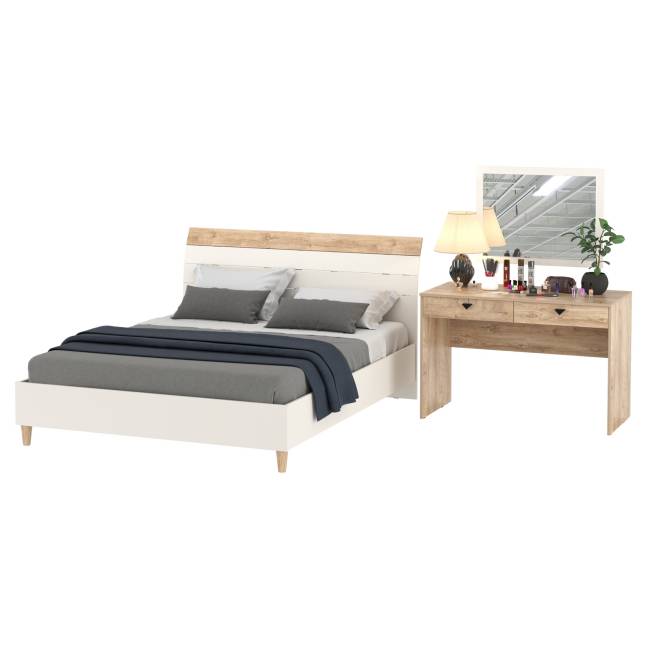 Двуспальная кровать на 1600 Муссон 11.41 с основанием и столиком с зеркалом цвет белый/дуб эндгрейн элегантный