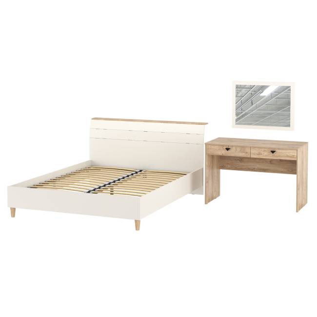 Двуспальная кровать на 1600 Муссон 11.41 с основанием и столиком с зеркалом цвет белый/дуб эндгрейн элегантный