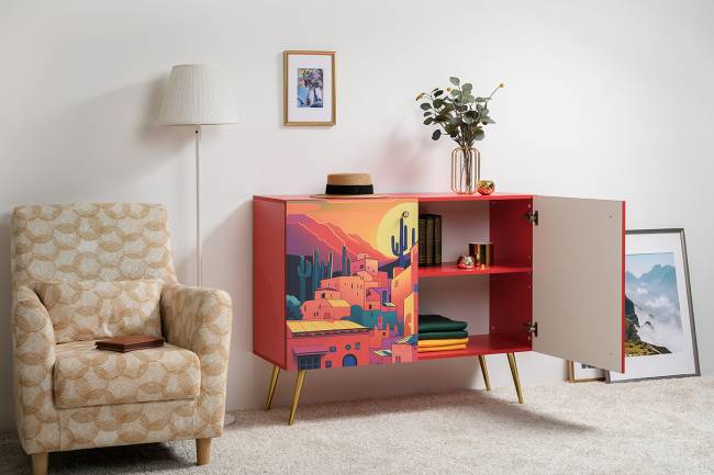 Комод-тумба Кармин 16.230.03 цвет красный/белый, фасады с рисунком Бразильские домики